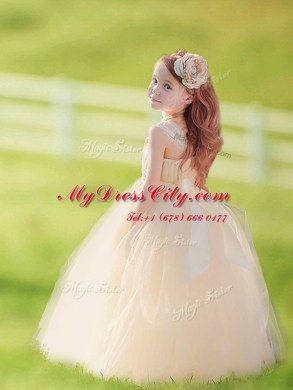 Pretty Straps Floor Length Champagne Flower Girl Dress Tulle Sleeveless Bowknot and Hand Made Flower