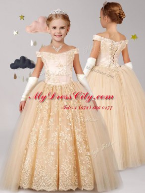 Classical Champagne Ball Gowns Off The Shoulder Cap Sleeves Tulle Floor Length Lace Up Lace Toddler Flower Girl Dress