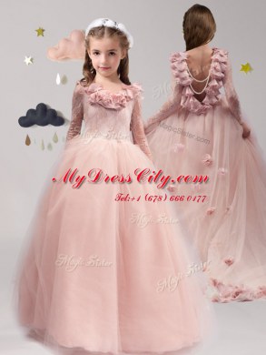 New Style Backless Scoop Long Sleeves Flower Girl Dresses for Less With Brush Train Lace and Appliques and Ruffles Pink Tulle