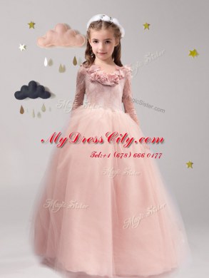 New Style Backless Scoop Long Sleeves Flower Girl Dresses for Less With Brush Train Lace and Appliques and Ruffles Pink Tulle