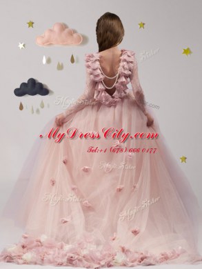 New Style Backless Scoop Long Sleeves Flower Girl Dresses for Less With Brush Train Lace and Appliques and Ruffles Pink Tulle