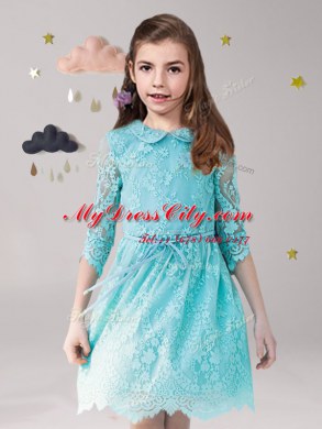 Beauteous Scoop 3 4 Length Sleeve Lace Mini Length Zipper Flower Girl Dresses in Aqua Blue with Lace and Sashes ribbons