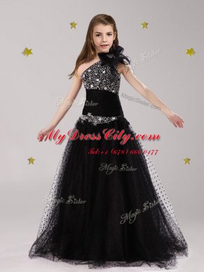 Edgy Black Flower Girl Dresses Party and Quinceanera and Wedding Party and For with Beading and Bowknot One Shoulder Sleeveless Zipper