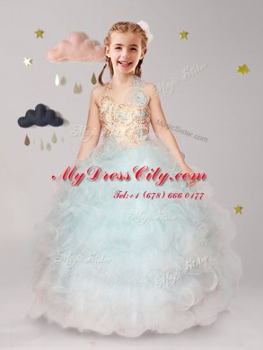 Modern Halter Top Floor Length Ball Gowns Sleeveless Apple Green Flower Girl Dress Lace Up