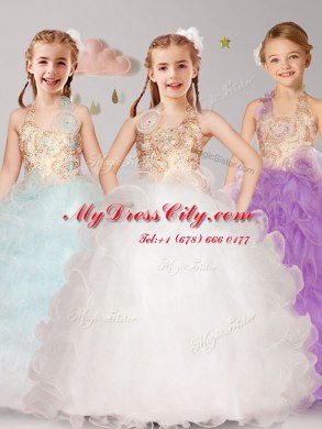 Modern Halter Top Floor Length Ball Gowns Sleeveless Apple Green Flower Girl Dress Lace Up