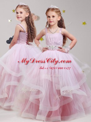 Edgy Straps Baby Pink Sleeveless Tulle Lace Up Flower Girl Dress for Party and Quinceanera and Wedding Party