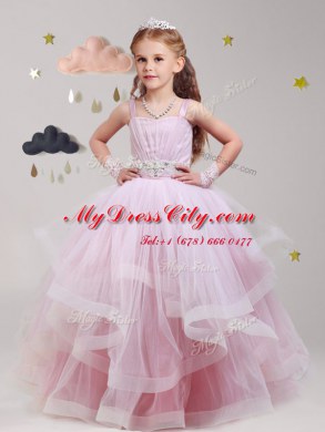 Edgy Straps Baby Pink Sleeveless Tulle Lace Up Flower Girl Dress for Party and Quinceanera and Wedding Party