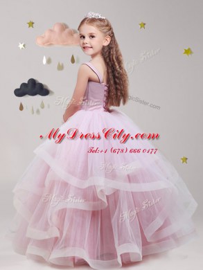 Edgy Straps Baby Pink Sleeveless Tulle Lace Up Flower Girl Dress for Party and Quinceanera and Wedding Party