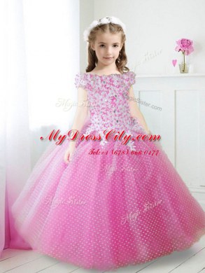 Sumptuous Hot Pink Flower Girl Dresses for Less Party and Quinceanera and Wedding Party and For with Beading and Appliques Off The Shoulder Cap Sleeves Zipper