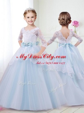 Clearance Scoop Light Blue Half Sleeves With Train Lace and Bowknot Lace Up Toddler Flower Girl Dress