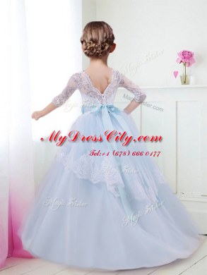 Clearance Scoop Light Blue Half Sleeves With Train Lace and Bowknot Lace Up Toddler Flower Girl Dress