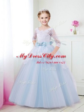 Clearance Scoop Light Blue Half Sleeves With Train Lace and Bowknot Lace Up Toddler Flower Girl Dress
