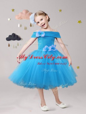 Blue Off The Shoulder Neckline Hand Made Flower Flower Girl Dresses Short Sleeves Zipper
