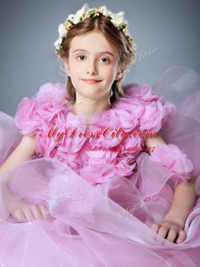 Modest Tulle Scoop Sleeveless Zipper Hand Made Flower Flower Girl Dresses for Less in Baby Pink
