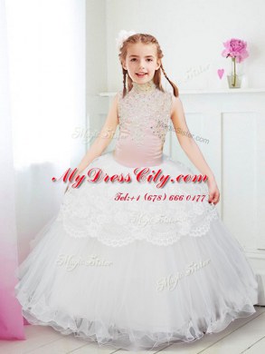 Floor Length White Flower Girl Dresses for Less Halter Top Sleeveless Zipper