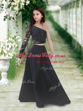 Modest A-line Toddler Flower Girl Dress Black One Shoulder Satin Long Sleeves Floor Length Zipper