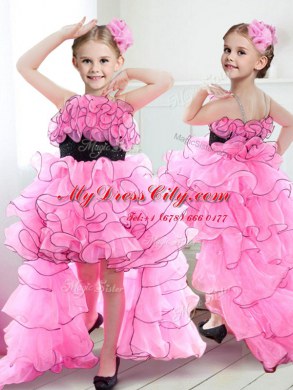 Fine Rose Pink Organza Zipper Straps Sleeveless High Low Flower Girl Dresses Beading and Ruffles and Belt