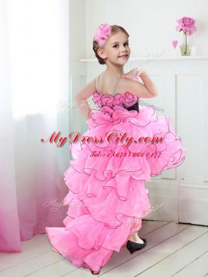 Fine Rose Pink Organza Zipper Straps Sleeveless High Low Flower Girl Dresses Beading and Ruffles and Belt