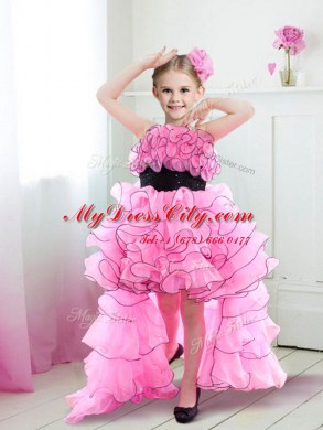 Fine Rose Pink Organza Zipper Straps Sleeveless High Low Flower Girl Dresses Beading and Ruffles and Belt