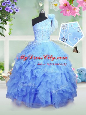 Baby Blue Lace Up One Shoulder Beading and Ruffles Girls Pageant Dresses Organza Sleeveless