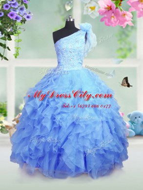 Baby Blue Lace Up One Shoulder Beading and Ruffles Girls Pageant Dresses Organza Sleeveless