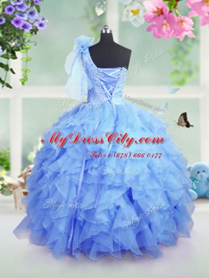 Baby Blue Lace Up One Shoulder Beading and Ruffles Girls Pageant Dresses Organza Sleeveless