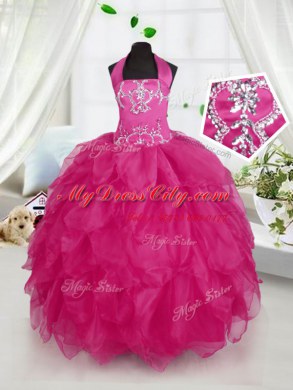 Fuchsia Ball Gowns Organza Halter Top Sleeveless Appliques and Ruffles Floor Length Lace Up Party Dress for Girls
