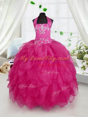Fuchsia Ball Gowns Organza Halter Top Sleeveless Appliques and Ruffles Floor Length Lace Up Party Dress for Girls