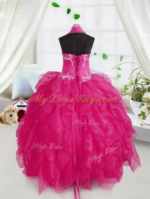 Fuchsia Ball Gowns Organza Halter Top Sleeveless Appliques and Ruffles Floor Length Lace Up Party Dress for Girls