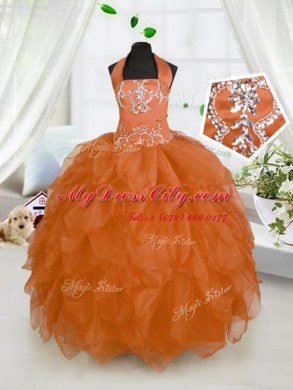 Perfect Halter Top Sleeveless Little Girl Pageant Gowns Floor Length Beading and Ruffles Orange Red Organza