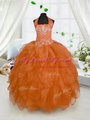 Perfect Halter Top Sleeveless Little Girl Pageant Gowns Floor Length Beading and Ruffles Orange Red Organza
