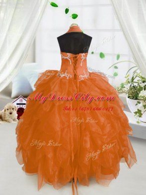 Perfect Halter Top Sleeveless Little Girl Pageant Gowns Floor Length Beading and Ruffles Orange Red Organza