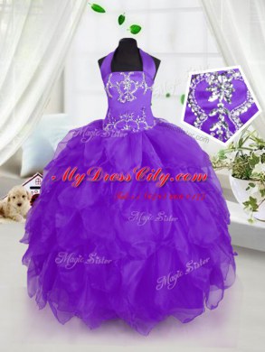Beautiful Purple Ball Gowns Halter Top Sleeveless Organza Floor Length Lace Up Appliques and Ruffles Kids Formal Wear