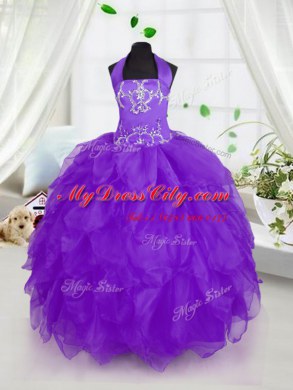 Beautiful Purple Ball Gowns Halter Top Sleeveless Organza Floor Length Lace Up Appliques and Ruffles Kids Formal Wear