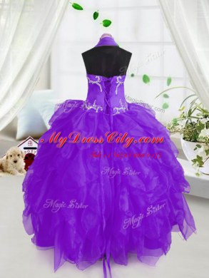 Beautiful Purple Ball Gowns Halter Top Sleeveless Organza Floor Length Lace Up Appliques and Ruffles Kids Formal Wear