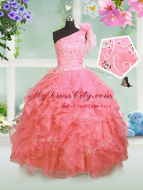 One Shoulder Watermelon Red Sleeveless Organza Lace Up Womens Party Dresses for Party and Wedding Party