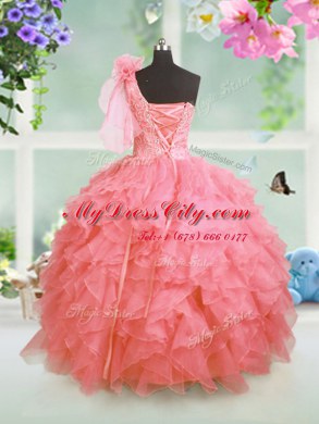 One Shoulder Watermelon Red Sleeveless Organza Lace Up Womens Party Dresses for Party and Wedding Party