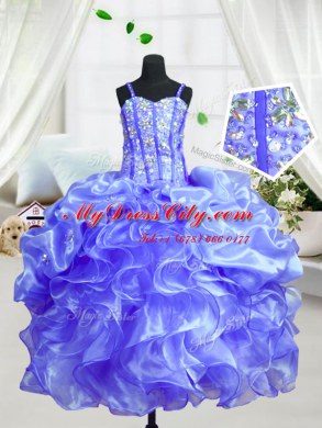 Super Baby Blue Spaghetti Straps Neckline Beading and Ruffles Little Girls Pageant Gowns Sleeveless Lace Up