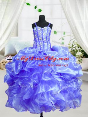 Super Baby Blue Spaghetti Straps Neckline Beading and Ruffles Little Girls Pageant Gowns Sleeveless Lace Up