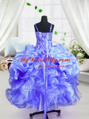 Super Baby Blue Spaghetti Straps Neckline Beading and Ruffles Little Girls Pageant Gowns Sleeveless Lace Up