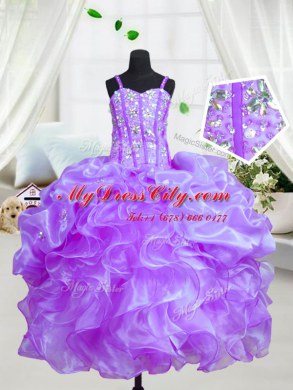 Sweet Spaghetti Straps Sleeveless Evening Gowns Floor Length Beading and Ruffles Eggplant Purple Organza