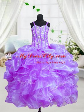 Sweet Spaghetti Straps Sleeveless Evening Gowns Floor Length Beading and Ruffles Eggplant Purple Organza