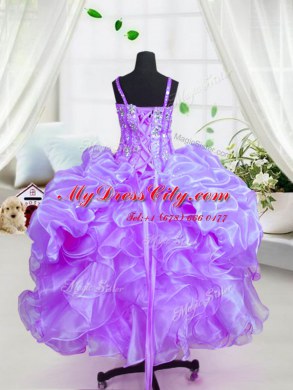Sweet Spaghetti Straps Sleeveless Evening Gowns Floor Length Beading and Ruffles Eggplant Purple Organza
