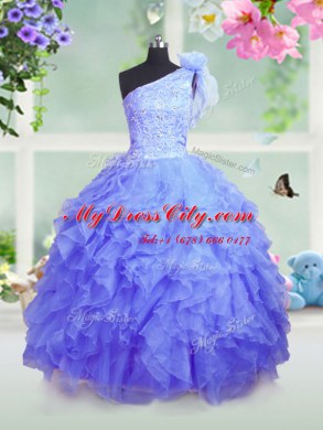 One Shoulder Blue Ball Gowns Beading and Ruffles Evening Gowns Lace Up Organza Sleeveless Floor Length