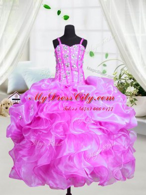 Affordable Beading and Ruffles Party Dress Purple Lace Up Sleeveless Floor Length