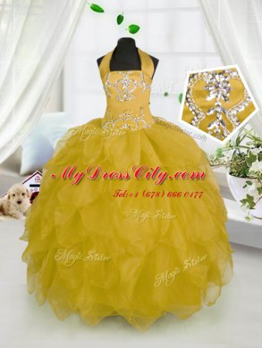 Halter Top Organza Sleeveless Floor Length Pageant Dress Toddler and Beading and Ruffles