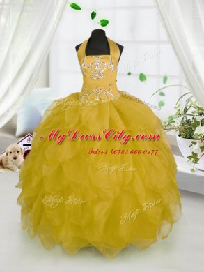 Halter Top Organza Sleeveless Floor Length Pageant Dress Toddler and Beading and Ruffles