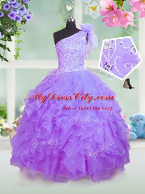 One Shoulder Lavender Sleeveless Organza Lace Up Pageant Dress for Teens for Party and Wedding Party