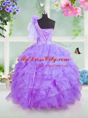 One Shoulder Lavender Sleeveless Organza Lace Up Pageant Dress for Teens for Party and Wedding Party