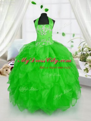 Trendy Halter Top Sleeveless Lace Up Floor Length Appliques and Ruffles Party Dresses